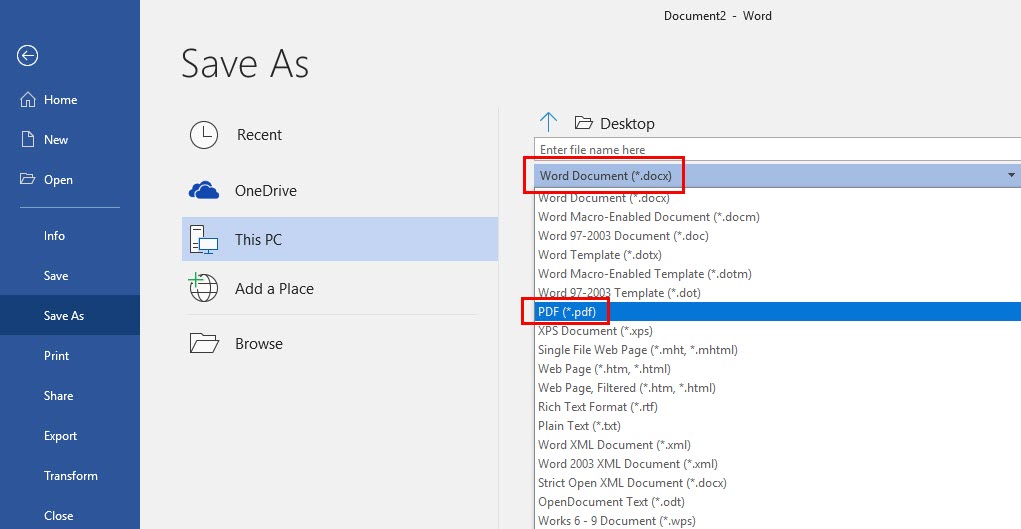 microsoft save as pdf page size